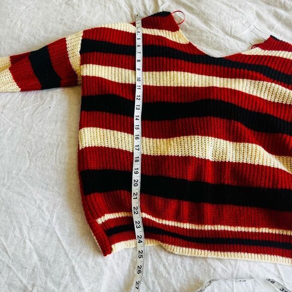 VICI NWOT sweaters fall striped Megan Twist back v neck sweater red cream black; - Picture 6 of 7